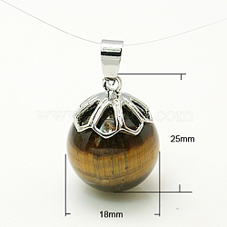 Tiger Eye Pendants, with Brass Findings, Round, Platinum Metal Color,  25x18mm, Hole: 7x4mm(G-C099-3)