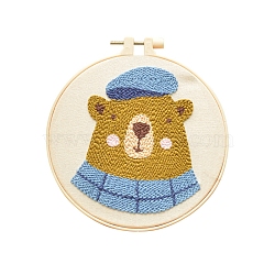 Animal Theme DIY Display Decoration Punch Embroidery Beginner Kit, Including Punch Pen, Needles & Yarn, Cotton Fabric, Threader, Plastic Embroidery Hoop, Instruction Sheet, Bear, 155x155mm(SENE-PW0003-073B)