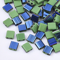 2-Hole Glass Seed Beads, Half Blue Plated Colours, Square, Light Green, 5x4.5~5.5x2~2.5mm, Hole: 0.5~0.8mm, about 1180pcs/bag(SEED-S031-L-047-L)