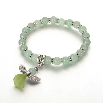 Trendy Natural Green Aventurine Beaded Acrylic Charm Bracelets, with Tibetan Silver Beads, Lovely Wedding Dress Angel Dangle, Antique Silver, 48mm