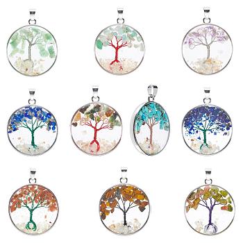 PandaHall Elite 10Pcs 10 Style Mixed Gemstone Pendants, with  Platinum Eco-Friendly Alloy Findings and Glass & Brass & Shell inside, Cadmium Free & Lead Free, Flat Round with Tree of Life, 37x33x5mm, Hole: 3.5x5.5mm, 1pc/style