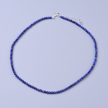 Natural Lapis Lazuli Beaded Necklaces, with Brass Lobster Claw Clasps, Faceted Round Beads, 16.5 inch~16.7 inch(42~42.5cm)x2mm