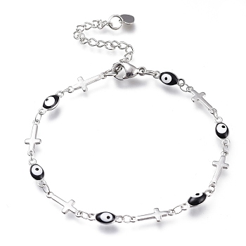 304 Stainless Steel Link Bracelets, with Enamel and Lobster Claw Clasps, Evil Eye & Cross, Stainless Steel Color, Black, 7-1/4 inch(18.5cm)