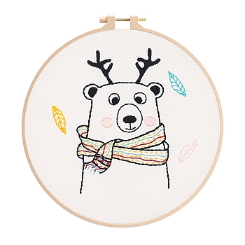 DIY Embroidery Kit, including Embroidery Needles & Thread, Linen Fabric, Instruction Sheet, Christmas Theme, Bear, 210x210mm