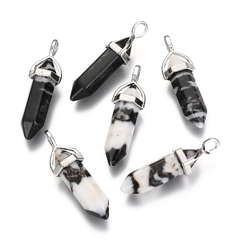 Natural Gemstone Double Terminated Pointed Pendants, with Random Alloy Pendant Hexagon Bead Cap Bails, Bullet, Platinum, 36~45x12mm, Hole: 3x5mm, Gemstone: 10mm in diameter