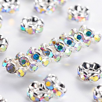Brass Rhinestone Spacer Beads, Grade AAA, Wavy Edge, Nickel Free, Silver Color Plated, Rondelle, Crystal AB, 5x2.5mm, Hole: 1mm