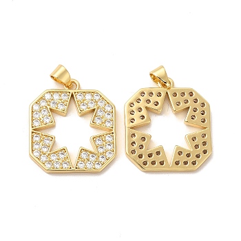 Rack Plating Brass Micro Pave  Cubic Zirconia Pendants, Cadmium Free & Lead Free, Long-Lasting, Polygon & Hollow Star, Real 18K Gold Plated, 23.5x20x2mm, Hole: 3mm
