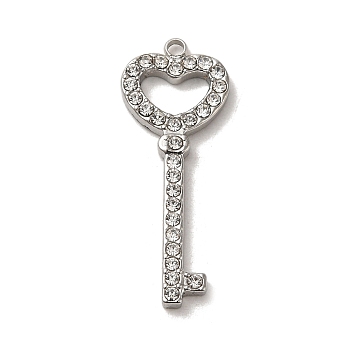 304 Stainless Steel Rhinestone Pendants, Heart Key Charm, Stainless Steel Color, 29x11x2mm, Hole: 1.6mm