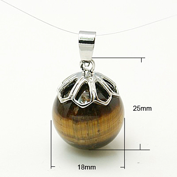 Tiger Eye Pendants, with Brass Findings, Round, Platinum Metal Color,  25x18mm, Hole: 7x4mm