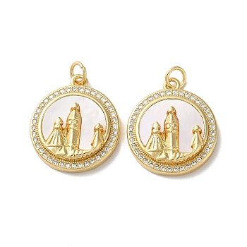 Brass Micro Pave Clear Cubic Zirconia Pendants, with Shell, Real 18K Gold Plated, Oval/Flat Round Round, Human, 21.5x18.5x4.5mm, Hole: 3mm