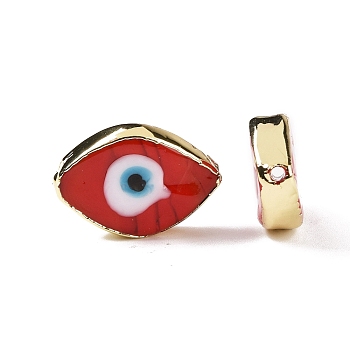 Handmade Lampwork Beads, with Golden Plated Brass Findings, Cadmium Free & Lead Free, Horse Eye with Evil Eye, Red, 14x20x4.5mm, Hole: 1.4mm