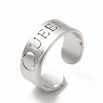 304 Stainless Steel Word Queen Open Cuff Ring for Women, Stainless Steel Color, US Size 6 1/4(16.7mm)