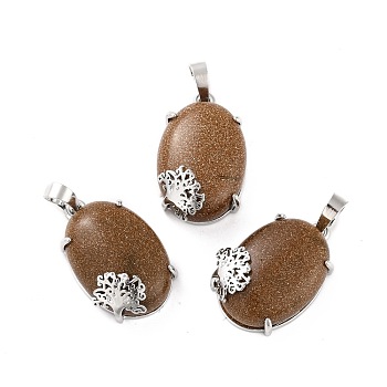 Synthetic Goldstone Pendants, with Platinum Tone Brass Findings, Cadmium Free & Lead Free, Oval with Tree, 28~29.5x18.5x9.5mm, Hole: 8x5mm