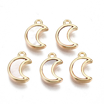 Natural Sea Shell Charms, with Brass Loops, Nickel Free, Moon, Real 18K Gold Plated, 10x7x2mm, Hole: 1mm