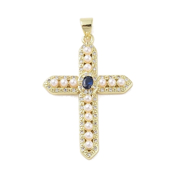Real 18K Gold Plated Brass Micro Pave Cubic Zirconia Pendants, with Glass and ABS Plastic Imitation Pearl, Cross, Dark Blue, 36.5x24.5x4mm, Hole: 3.4x4mm