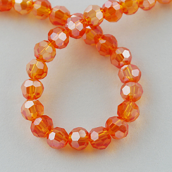 Electroplate Glass Bead Strands, Pearl Luster Plated, Faceted, Round, Dark Orange, 6x5mm