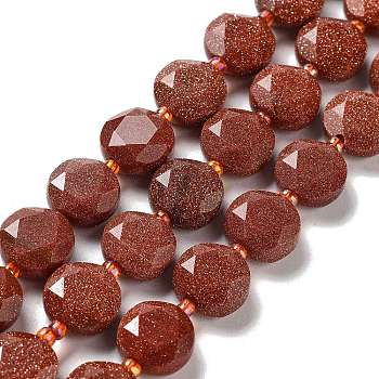Synthetic Goldstone Beads Strands, with Seed Beads, Faceted Hexagonal Cut, Flat Round, 12~12.5x5~6mm, Hole: 1.2~1.4mm, about 27~29pcs/strand, 15.55~15.75 inck(39.5~40cm)