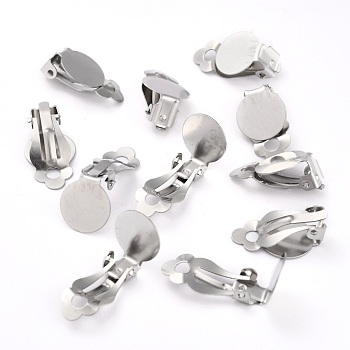 304 Stainless Steel Clip-on Earring Setting, with Round Flat Pad, Flat Round, Stainless Steel Color, 19.5x12x8.5mm, Hole: 3.3mm, Tray: 12mm