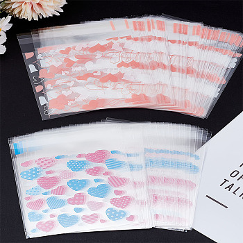 200Pcs 2 Styles Square Plastic Cellophane Self Seal Bags, for Bake Packaging, Heart Pattern, Mixed Color, 10~13x10x0.1cm, about 100pcs/style