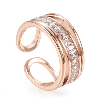 304 Stainless Steel Cuff Rings, Open Rings, with Clear Cubic Zirconia, Rose Gold, Size 6~9, Inner Diameter: 16~19mm