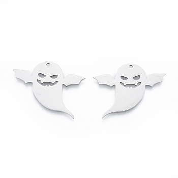 201 Stainless Steel Pendants, Ghost, Halloween Style, Stainless Steel Color, 29x35.5x1mm, Hole: 1.6mm