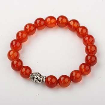 Natural Carnelian(Dyed & Heated) Stretch Bracelets, Buddhist Bracelets, with Tibetan Style Alloy Buddha Head Beads, Antique Silver, 2-1/8 inch(53mm)