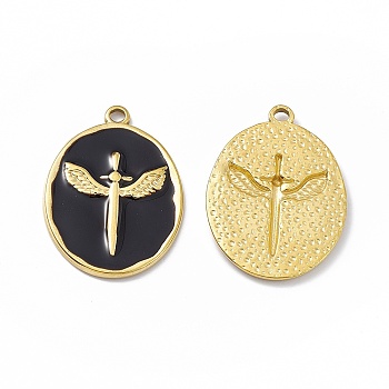 Ion Plating(IP) 304 Stainless Steel Pendant, with Enamel, Oval with Wing Charm, Golden, Black, 28x20x2mm, Hole: 1.8mm