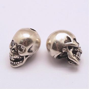 Brass Micro Pave Grade AAA Cubic Zirconia Beads, Long-Lasting Plated, Cadmium Free & Nickel Free & Lead Free, Skull, 925 Thailand Sterling Silver Plated, 13x8x10mm, Hole: 2mm