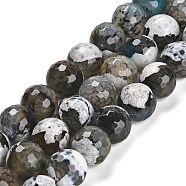 Natural Fire Crackle Agate Beads Strands, Dyed & Heated, Round, Faceted, Dark Gray, 13.5~14mm, Hole: 1.4mm, about 28~29pcs/strand, 15.16 inch(38.5cm)(G-L595-A02-01G)