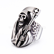 Titanium Steel Rings for Men, Halloween Skull Death with Sickle Wide Band Ring, Antique Silver, US Size 9(18.9mm)(WG77901-01)