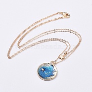Pendant Double Layered Necklaces, with Alloy Enamel Pendants, Brass Findings and Cardboard Jewelry Set Boxes, Flat Round with Moon and Star, Real 18K Gold Plated, Deep Sky Blue, 15.94 inch(40.5cm)(NJEW-JN02484)