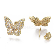 Brass Micro Pave Clear Cubic Zirconia Stud Earrings, with Earring Backs, Nickel Free, Butterfly, Real 16K Gold Plated, 13.5x16mm, Pin: 1mm(EJEW-S208-092)