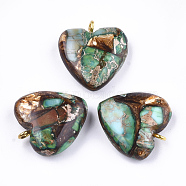 Assembled Bronzite and Imperial Jasper Pendants, with Iron Findings, Heart, Golden, 20~22x19~20x5~7mm, Hole: 2mm(X-G-T111-04J)