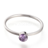 304 Stainless Steel Finger Rings, with Rhinestone, Flat Round, Stainless Steel Color, Violet, US Size 7~7 3/4(17.3~17.9mm)(RJEW-B0005-7-05P)