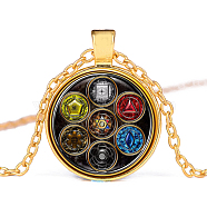 Chakra Yoga Theme Glass Pendant Necklace, Alloy Jewelry for Women, Golden, 19.69~21.65 inch(50~55cm)(CHAK-PW0001-018C)