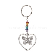 Heart Alloy Pendant Keychain, with Chakra Gemstone Chip and Iron Split Key Rings, Butterfly, 7.4cm(KEYC-JKC00626-05)