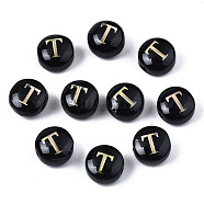 Handmade Lampwork Beads, with Golden Plated Brass Etched Metal Embellishments, Flat Round with Alphabet, Letter.T, 8x5mm, Hole: 0.8mm(LAMP-S196-001T)
