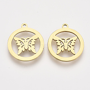 201 Stainless Steel Pendants, Laser Cut Pendants, Flat Round with Butterfly, Golden, 17.5x15.5x1mm, Hole: 1.2mm(STAS-S110-026G)
