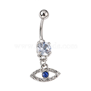 Evil Eye Drop Belly Button Rings for Women, 316 Surgical Stainless Steel Rhinestone Navel Rings, Belly Piercing Jewelry, Light Sapphire, Stainless Steel Color, 36mm, Bar Length: 1/2"(12mm), Bar: 12 Gauge(2mm)(AJEW-C010-01P)
