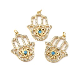 Rack Plating Brass Pave Cubic Zirconia Pendants, with Glass & Jump Ring, Lead Free & Cadmium Free, Real 18K Gold Plated, Long-Lasting Plated, Hamsa Hand with Star of David Pattern Charm, Clear, 27.5x22x3mm, Hole: 3.4mm(KK-O142-19G)