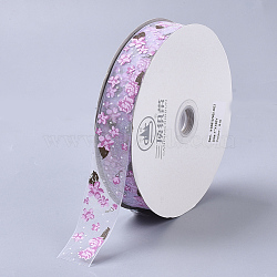 Flower Pattern Printed Polyester Organza Ribbons, Lavender, 1inches(25mm); about 100yards/roll(ORIB-Q035-03)