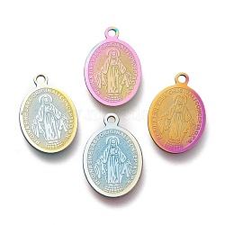 Ion Plating(IP) 304 Stainless Steel Charms, Laser Cut, Oval, Miraculous Medal, Rainbow, Multi-color, 18.5x12.5x0.5mm, Hole: 1.4mm(X-STAS-M228-R01-M)
