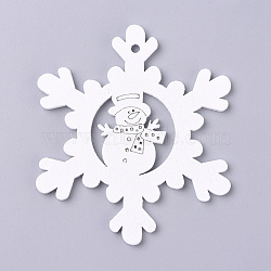 Natural Poplar Wood Big Pendants, Spray Painted, for Christmas, Snowflake with Snowman, White, 69.5x60.5x2.5mm, Hole: 2.5mm(WOOD-D010-01B)