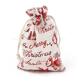 Christmas Theme Cotton Fabric Cloth Bag, Drawstring Bags, for Christmas Party Snack Gift Ornaments, Christmas Themed Pattern, 14x10cm(ABAG-H104-B10)