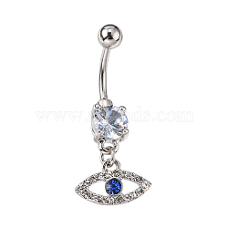 Evil Eye Drop Belly Button Rings for Women, 316 Surgical Stainless Steel Rhinestone Navel Rings, Belly Piercing Jewelry, Light Sapphire, Stainless Steel Color, 36mm, Bar Length: 1/2"(12mm), Bar: 12 Gauge(2mm)(AJEW-C010-01P)