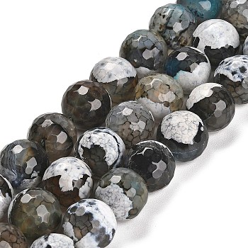 Natural Fire Crackle Agate Beads Strands, Dyed & Heated, Round, Faceted, Dark Gray, 13.5~14mm, Hole: 1.4mm, about 28~29pcs/strand, 15.16 inch(38.5cm)