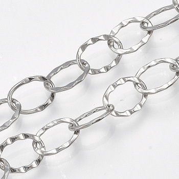 304 Stainless Steel Cable Chains, Soldered, Textured, Oval, Stainless Steel Color, 9x6.5x1mm