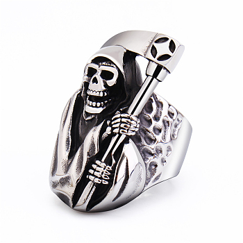 Titanium Steel Rings for Men, Halloween Skull Death with Sickle Wide Band Ring, Antique Silver, US Size 9(18.9mm)