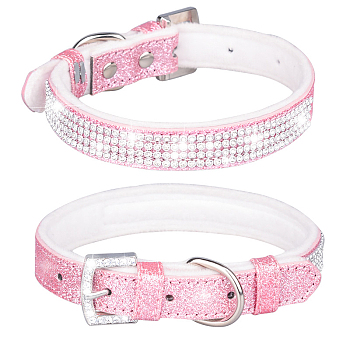Adjustable Glittered Felt Pet Collars, Resin Rhinestone Cat Dog Choker Necklace, Pearl Pink, 300x15mm
