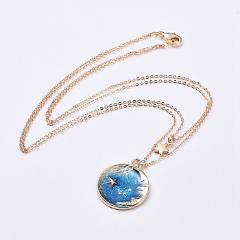 Pendant Double Layered Necklaces, with Alloy Enamel Pendants, Brass Findings and Cardboard Jewelry Set Boxes, Flat Round with Moon and Star, Real 18K Gold Plated, Deep Sky Blue, 15.94 inch(40.5cm)